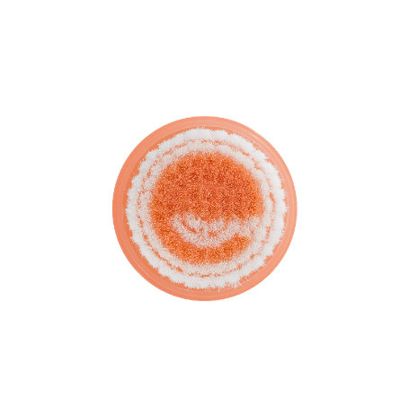Circular mini cleansing brush head with orange scrub center and white bristles