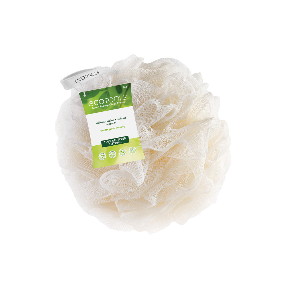 Cream recycled EcoPouf mesh bath pouf with ruffled net texture