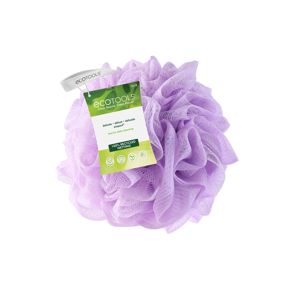 Purple recycled EcoPouf with green eco label on fluffy mesh pouf