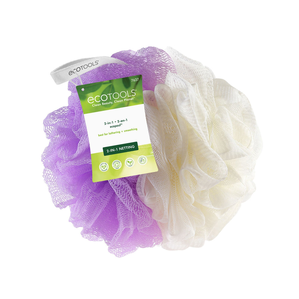 2-in-1 bath pouf, purple and cream mesh scrubber sponge
