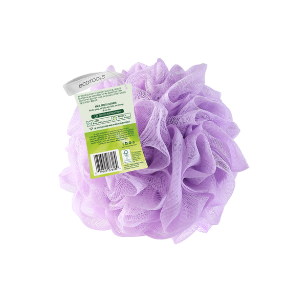Purple recycled EcoPouf with product info tag attached to fluffy mesh pouf
