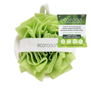 Green loofah cleansing pad with white band and ECOTOOLS label, with product tag