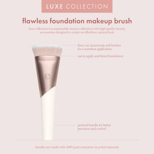 Flawless foundation makeup brush with pointed head, rose-gold collar, white handle