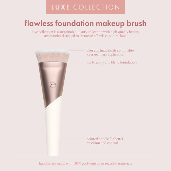 Flawless foundation makeup brush with pointed head, rose-gold collar, white handle