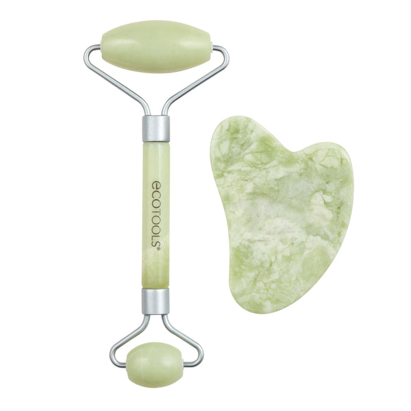 Jade-green facial roller with stainless steel handles and a gua sha stone