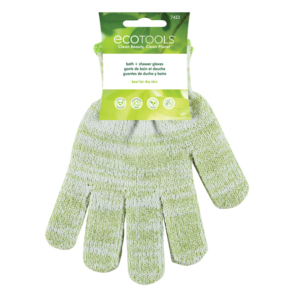Green exfoliating bath and shower gloves with hang loop, knit scrubbing texture