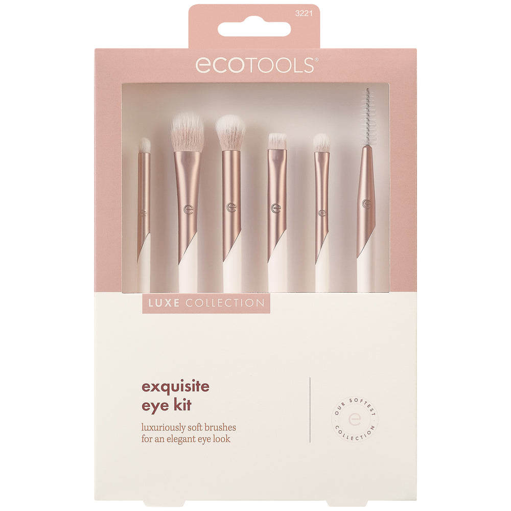 Eye brush set with rose-gold handles and white bristles, including spoolie brush