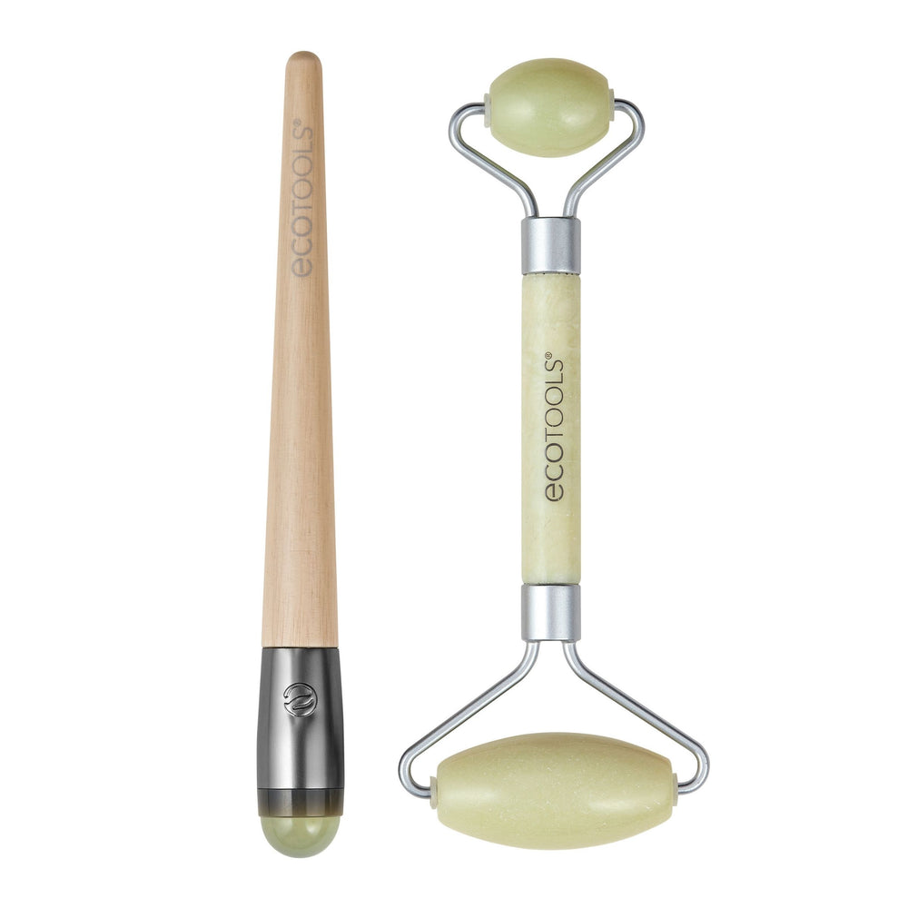 Jade facial roller and eye roller duo, light wood handle with silver metal and green stones