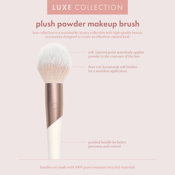 Plush powder makeup brush with tapered, soft bristles and rose handle
