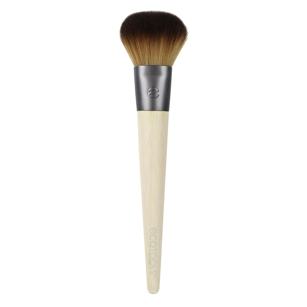 Blush makeup brush with dark tapered bristles and light bamboo handle