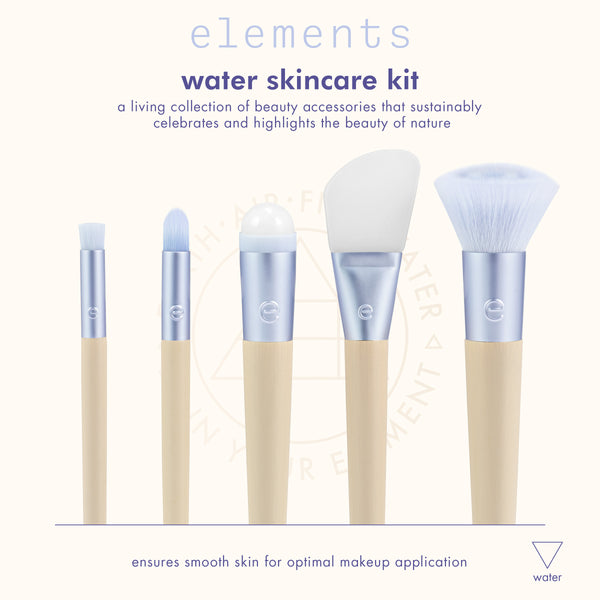 Water skincare brush kit featuring five brushes with white bristles and blue caps.