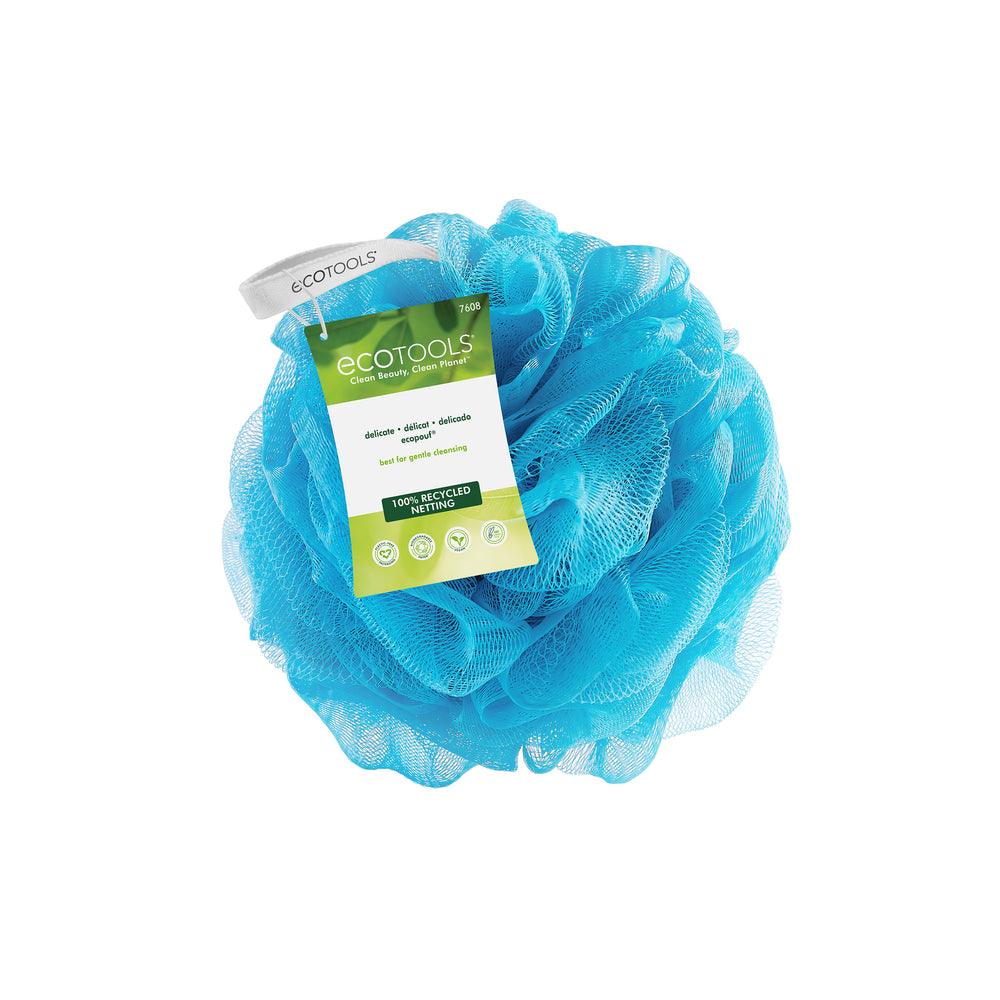 Blue recycled EcoPouf with rosette-style sponge texture and attached hanging tab