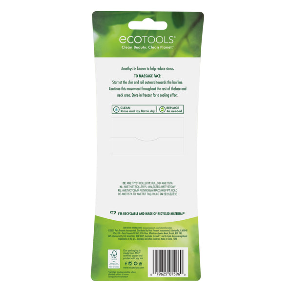 Amethyst facial roller in retail blister package, back view of product label