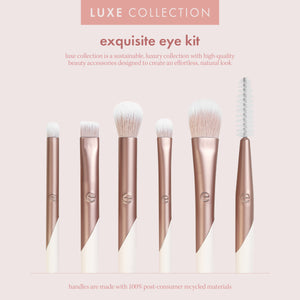 Eye makeup brush kit packaging with luxe label and seven rose-gold brushes shown