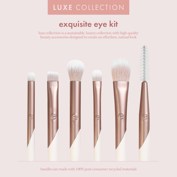 Eye makeup brush kit packaging with luxe label and seven rose-gold brushes shown