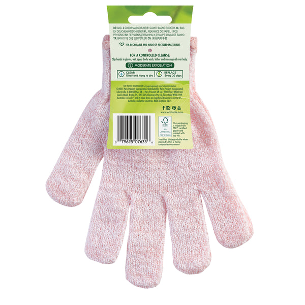 Pink exfoliating bath shower gloves, rear view with label on back side