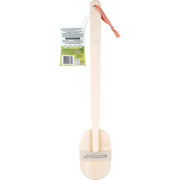 Bath brush with long wooden handle and round orange bristle head