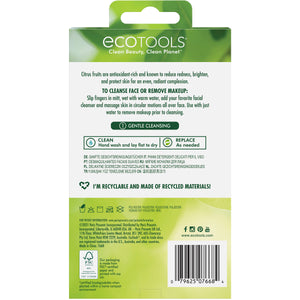 Back of ecotools package for gentle facial cleansing cloths, care icons and barcode
