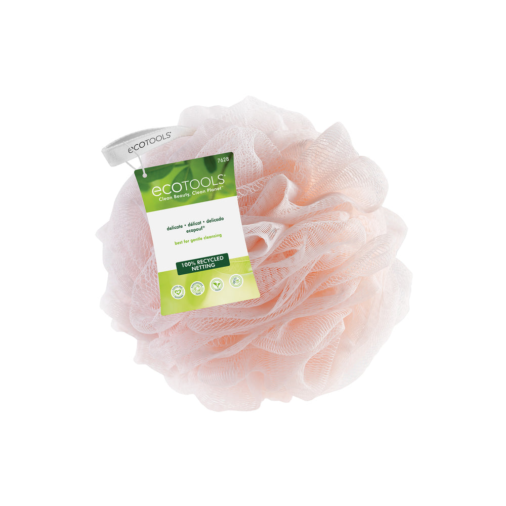 Pink EcoPouf bath sponge, rosette-style loofah scrub pad