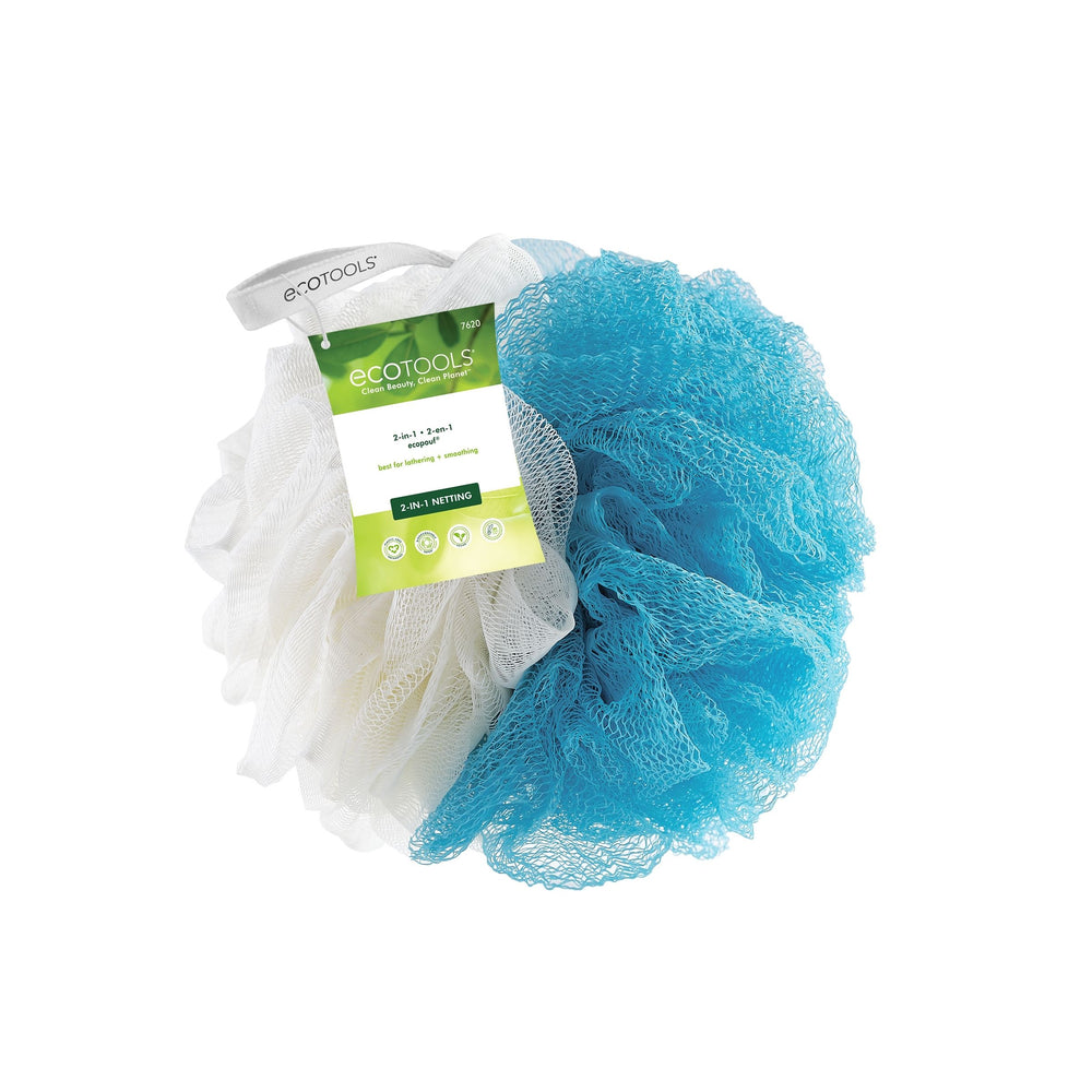 2-in-1 eco pouf scrub sponges: blue and cream mesh poufs, two wash pads