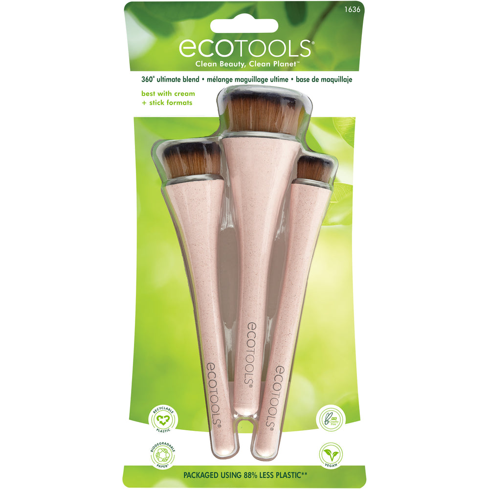 Makeup brush set with three tapered brushes, pink handles and golden bristles