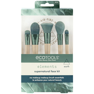 Brush kit package showing five teal-handled face makeup brushes inside
