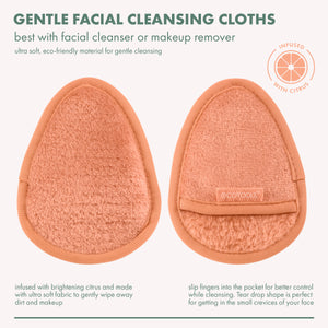 Orange teardrop gentle facial cleansing cloths with soft scrub surface and tab