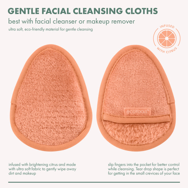 Orange teardrop gentle facial cleansing cloths with soft scrub surface and tab