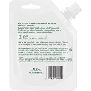 Makeup brush and sponge shampoo sachet back panel with wash instructions