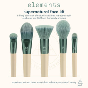 Face brush kit packaging with five teal brush handles and soft bristles