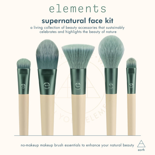 Face brush kit packaging with five teal brush handles and soft bristles