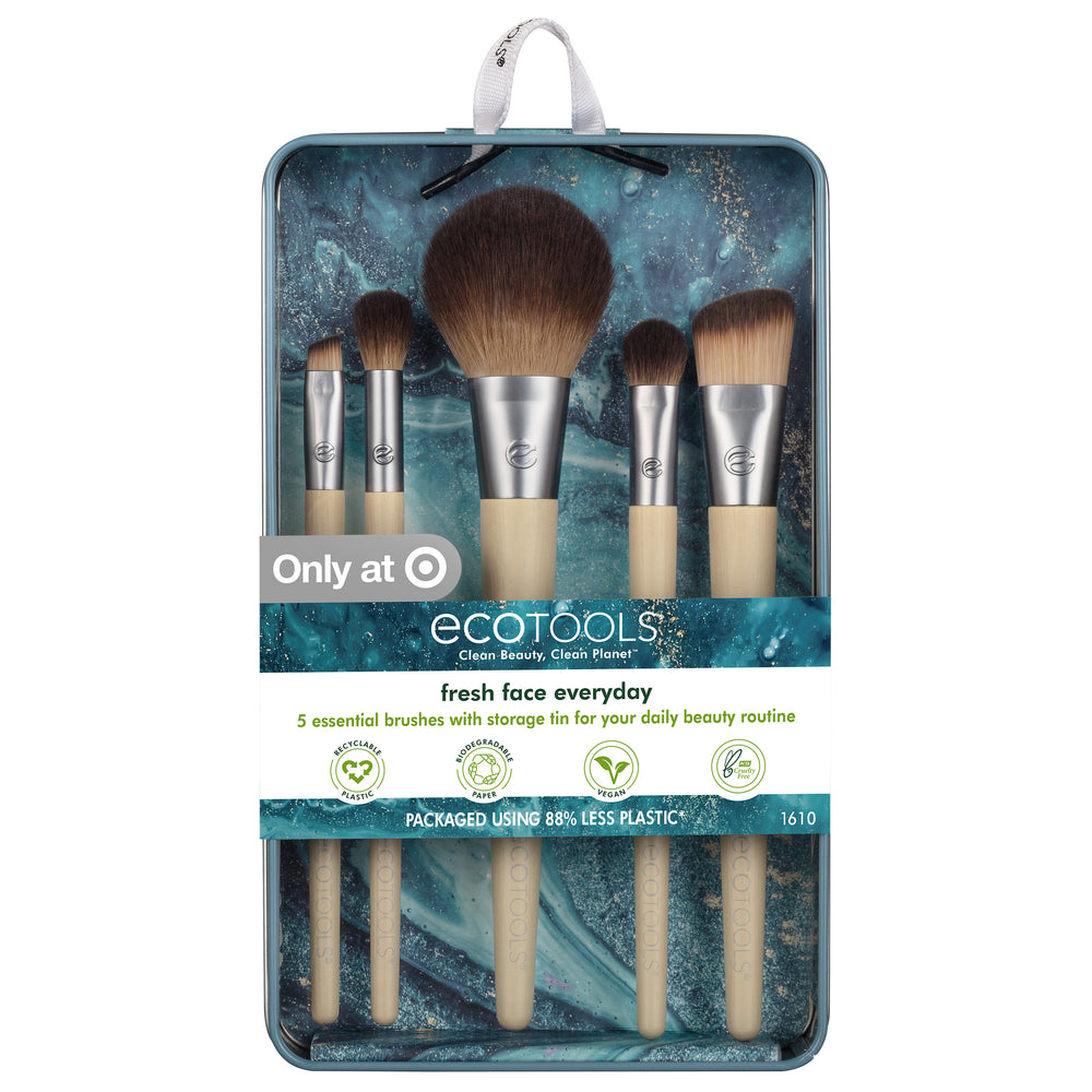 Fresh face makeup brush kit: teal case with five beige-handled brushes