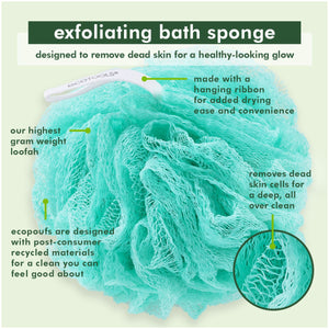 Turquoise exfoliating bath sponge with hanging ribbon loop, textured loofah-style mesh