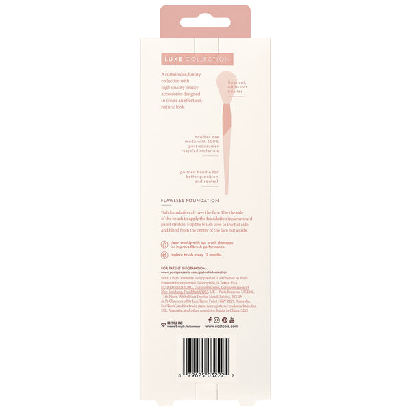 Back of foundation brush packaging with barcode and printed product details