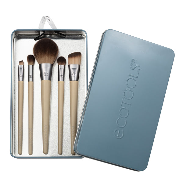 Fresh face makeup brush set with five brushes, teal case lid open