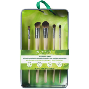 Makeup eye brush set in reusable metal tin with five assorted brush heads