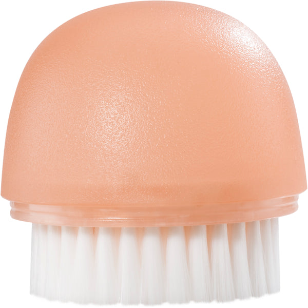 Mini cleansing brush head with translucent orange dome and white bristles