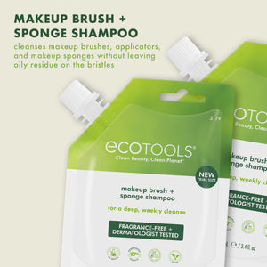 Makeup brush and sponge shampoo sachet with green label and brush accessory