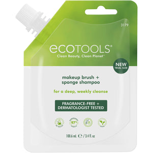 Makeup brush and sponge shampoo sachet, white and green pouch with handle