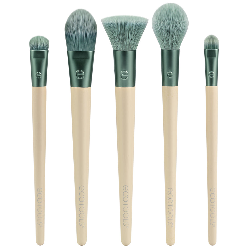 Face makeup brush set with five teal and beige handled brushes and soft bristles