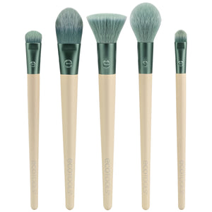 Face makeup brush set with five teal and beige handled brushes and soft bristles