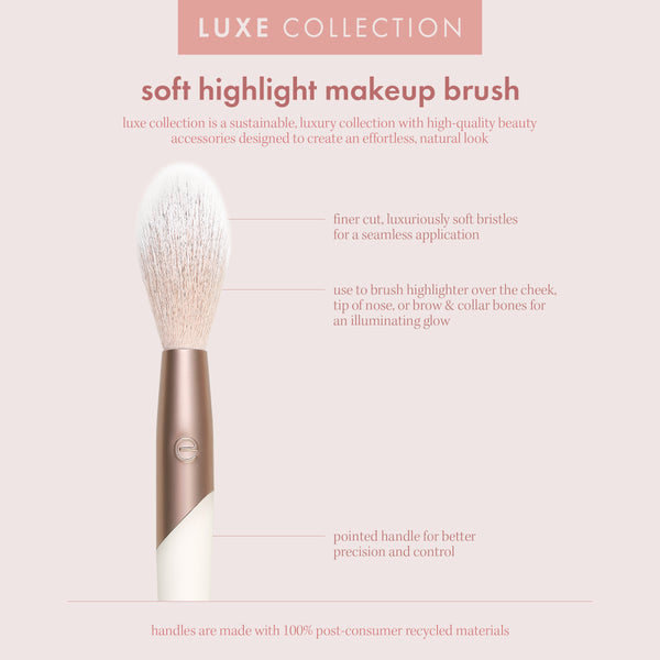 Soft highlight makeup brush box front with illustrated brush and benefit callouts