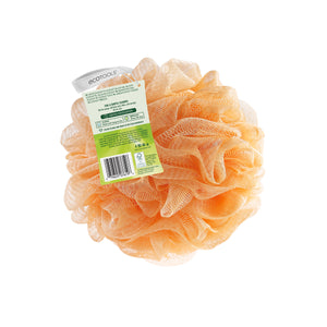 Peach recycled EcoPouf scrub pouch with barcode and care label