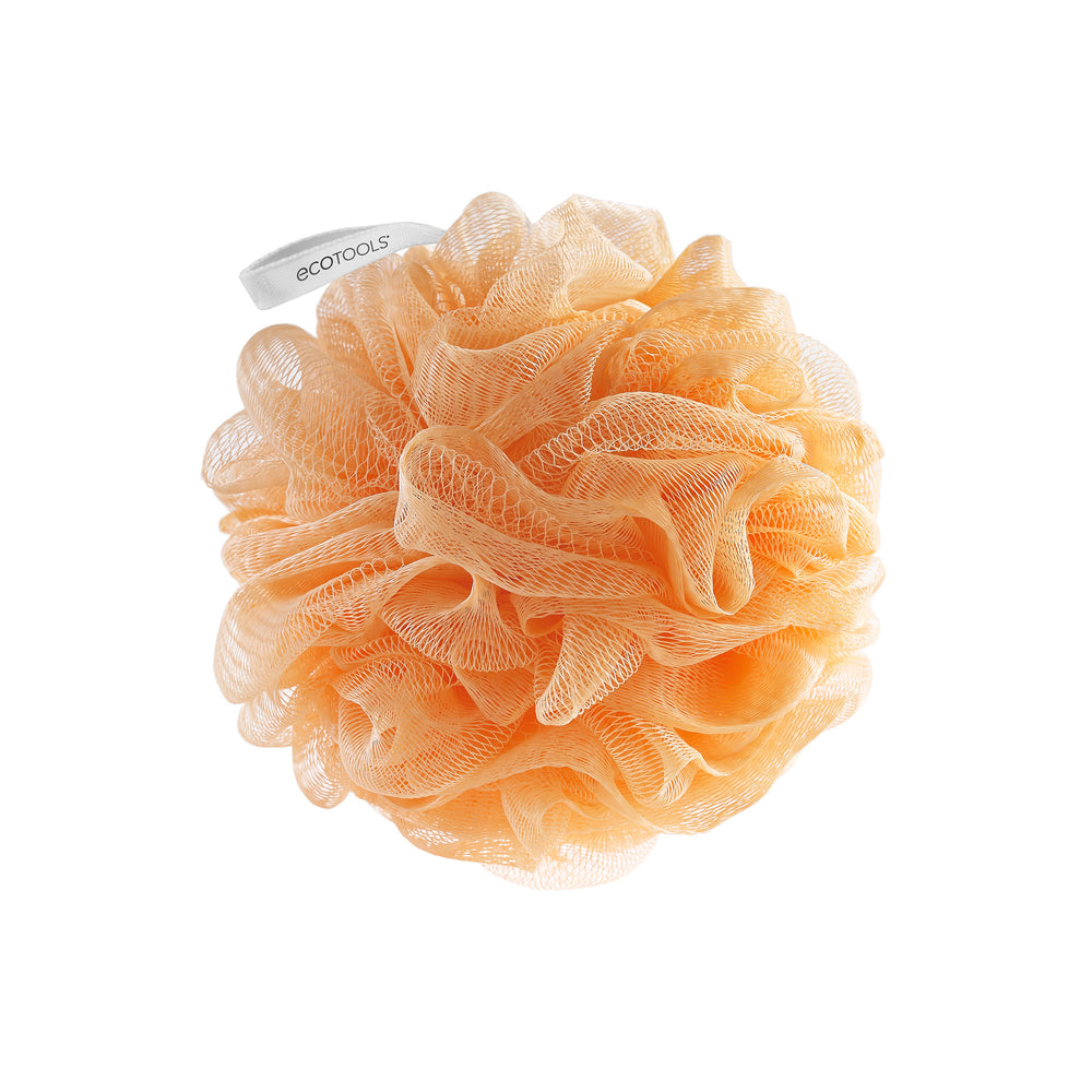 Peach recycled EcoPouf scrub pouch with netted rose texture and EcoTools tag