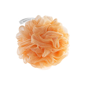 Peach recycled EcoPouf scrub pouch with netted rose texture and EcoTools tag