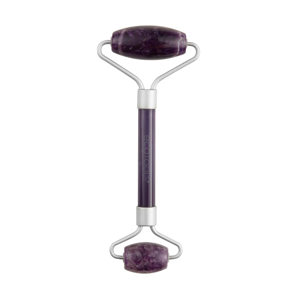 Amethyst facial roller with purple stone heads and silver metal frame