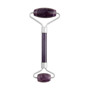 Amethyst facial roller with purple stone heads and silver metal frame