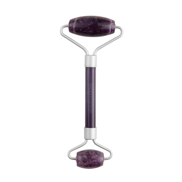 Amethyst facial roller with purple stone heads and silver metal frame