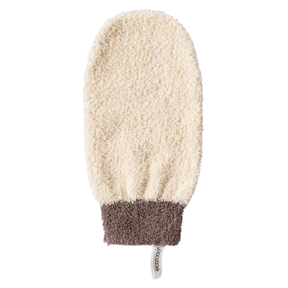 Grey bath & shower mitt with textured exfoliating fabric and dark cuff