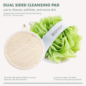 Dual sided cleansing pad: beige exfoliating round side and green pouf side with band